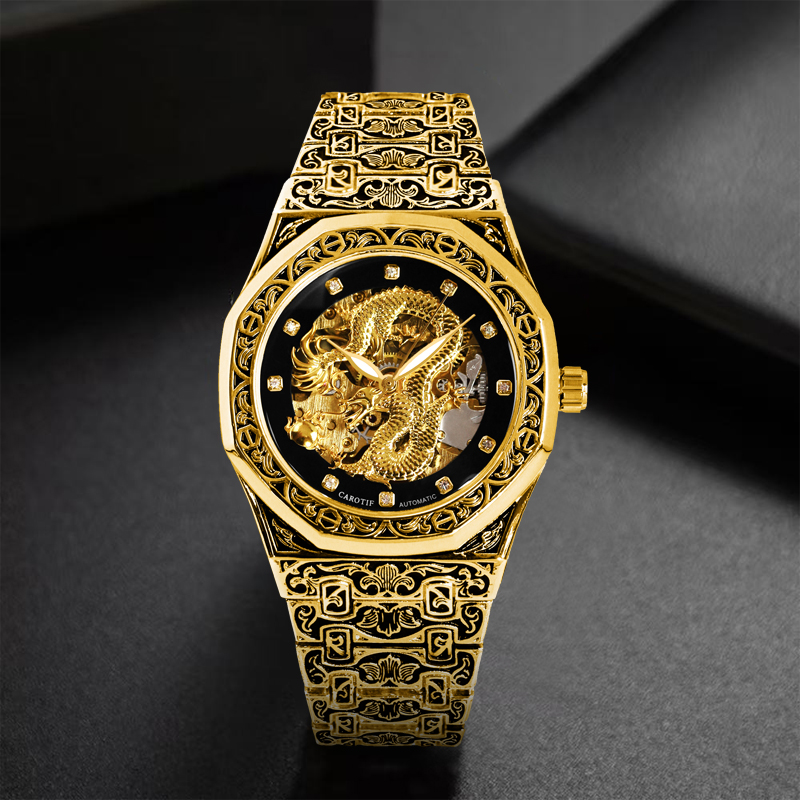 Luxury Watch Gold And Black - Męski czarno-złoty luksusowy, rzeźbiony, wielokątny automatyczny