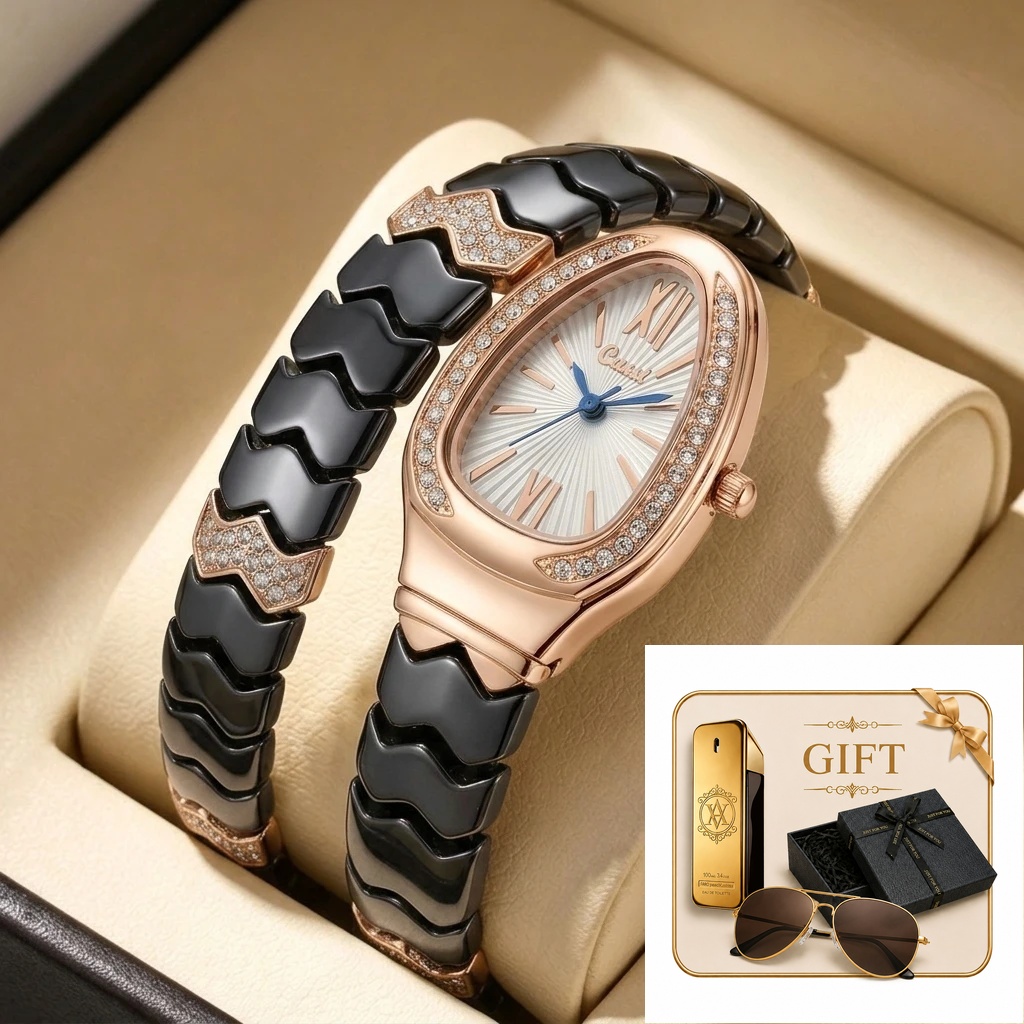 4-częściowy damski zestaw zega – Luxury Watch Gold And Black recenzja i cena